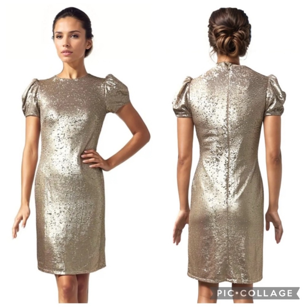 Rene Ruiz Puff Sleeve‎ Sequins Mini Dress Gold 4